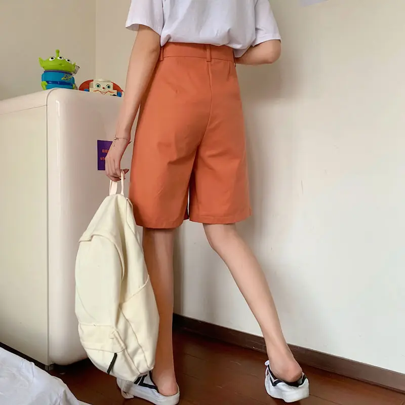 Soft Pleated Shorts Women’s Japan Simple Summer Knee Length Trousers College Teens Unisex Vintage High Rise Waist Loose Plus size womens Japanese Clothing for Woman in Orange